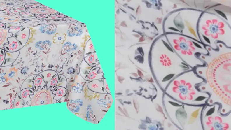 Product shot of multi-colored abstract print tablecloth.