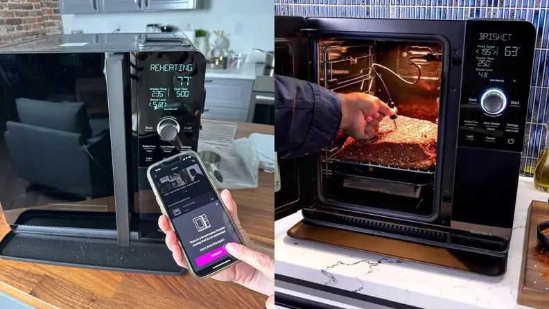 Left: Hand holding a phone showcasing the Smart HQ app connecting to the smoker. Right: probe thermometer inserted into a brisket sitting in the smoker