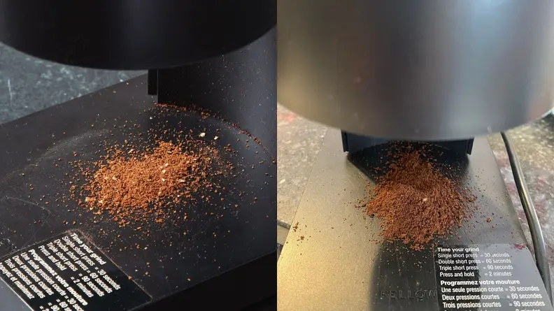 Spilled finely ground coffee beans from the Fellow Opus coffee grinder.