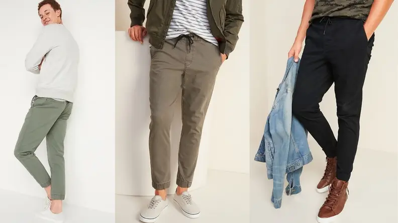 Three Old Navy models show off a variety of pants, jackets, and shoes.