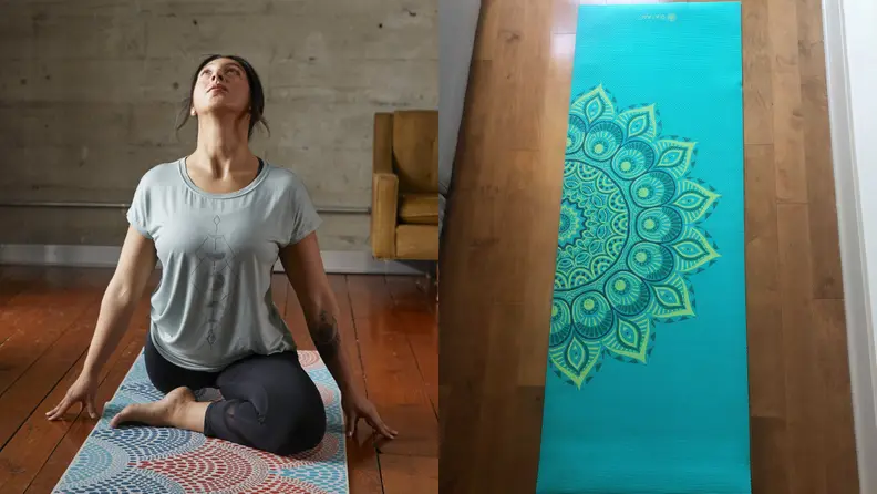 Left: woman practicing yoga on gaiam yoga mat. right: teal gaiam yoga mat on wooden floor.