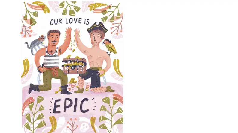 On a greeting card, a pair of pirates celebrate the treasure they've found: gold coins, gems, jewelry. One has a parrot on their shoulder; the other, a monkey with an eyepatch. 