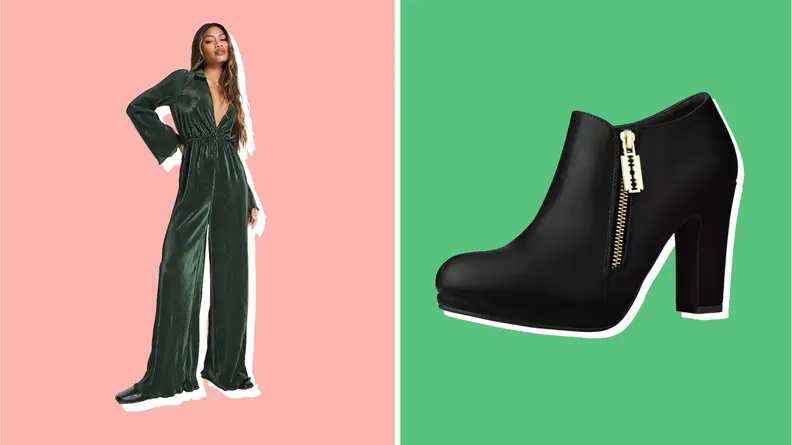Collage of a jumpsuit and ankle bootie.