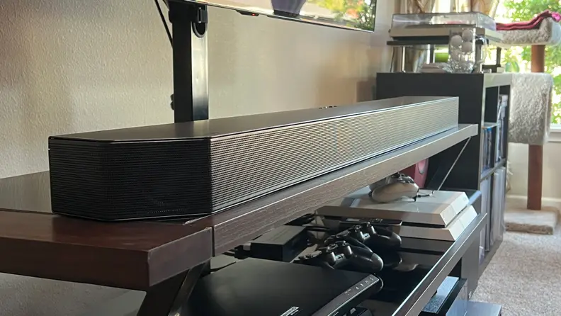 An angled shot of the Samsung HW-Q990B soundbar.