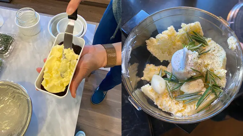 On left, hand spreading butter in a rectangle container. On right, butter and herbs in a food processor.