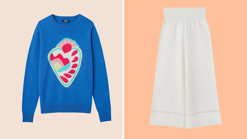 Product shots of a sweater and cropped wide-leg pants.