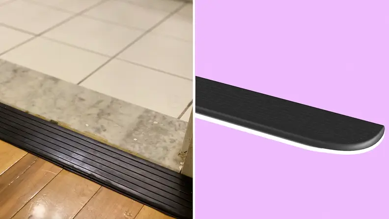 On left, home with Rampit Empower Series Rubber Threshold Ramp in doorway. On right, product shot of the curved rubber corner of the Rampit Empower Series Rubber Threshold Ramp.