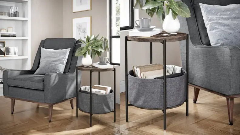 On left, Bluxome wooden end table in living room next to armchair and shelf. On right, close up of Bluxome wooden end table with plant, book, and tea cup on top next to armchair.