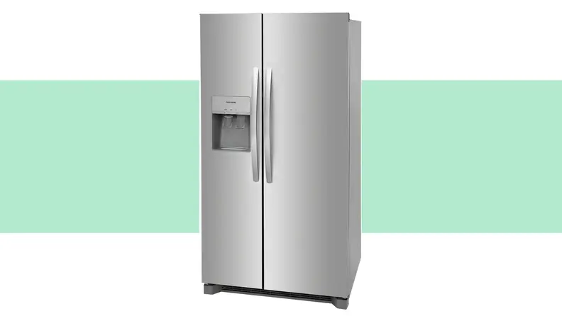 A side-by-side refrigerator with blue-green color in the background