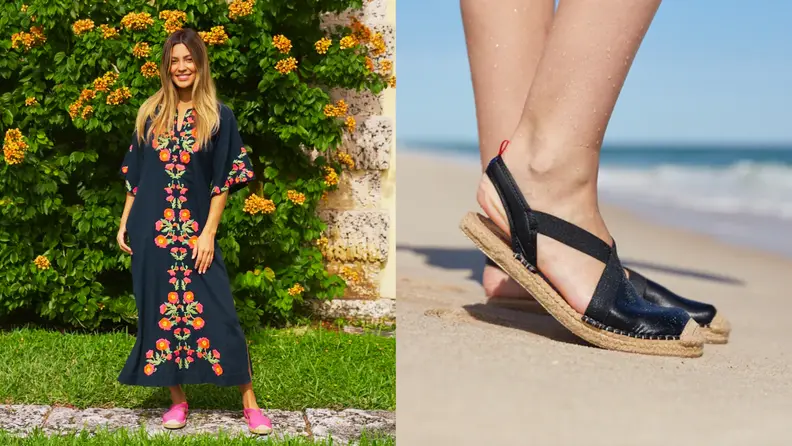 A woman in a dress with the pink slingbacks and feet on sand with the black slingbacks