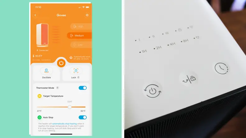 A screenshot of the Govee app next to a close-up of the buttons on the space heater.