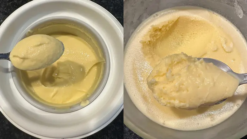 Side-by-side comparison of too-soft and more formed vanilla ice cream.