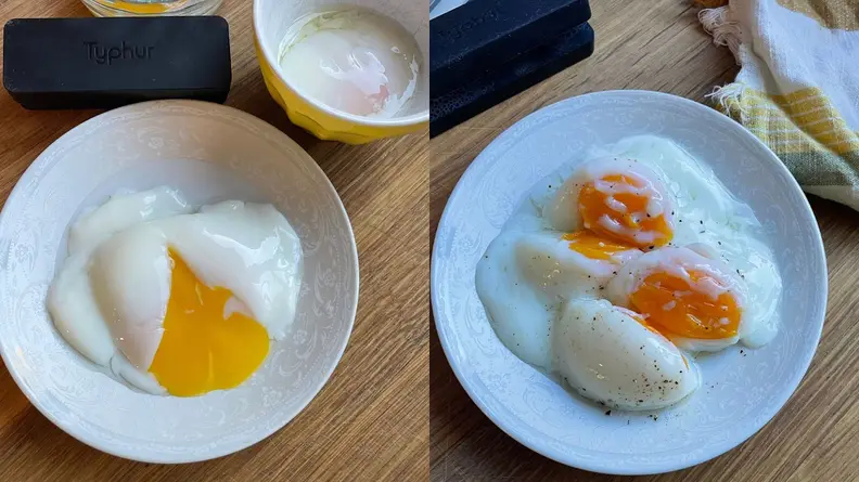 Photo collage of runny egg on a plate and two poached eggs on a plate.