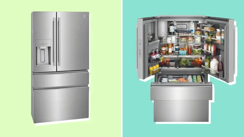 Electrolux ERMC2295AS fridge closed and opened filled with food.