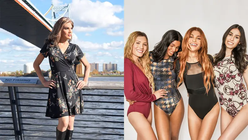 A woman wearing a dress in front of a bridge, and then four women wearing body suits in front of a white background.