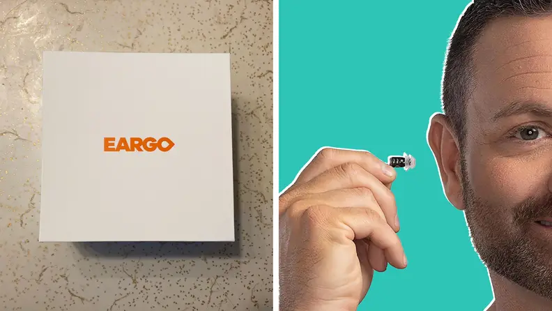 The eargo SE case side by side with a man putting in the Eargo SE hearing aids
