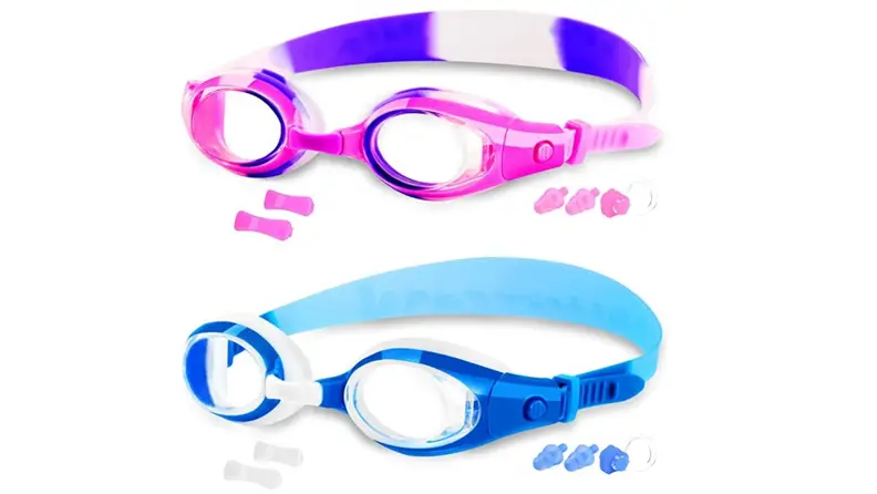 A pink and a blue pair of swim goggles with accessories