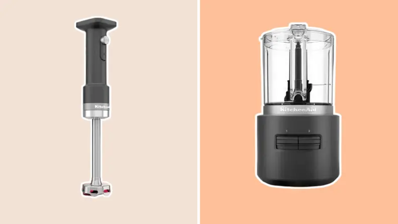 A collage with the a hand blender and a food processor,  two of the cordless KitchenAid appliances.