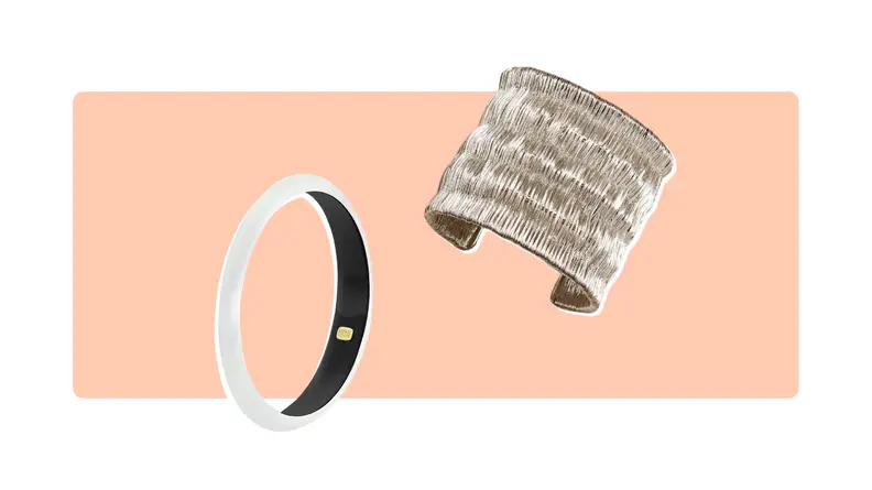 two bracelets: silver bangle and woven cuff