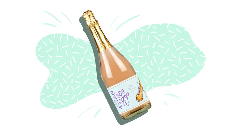 A silhouetted bottle of sparkling pink wine wine on a mint and white patterned background.