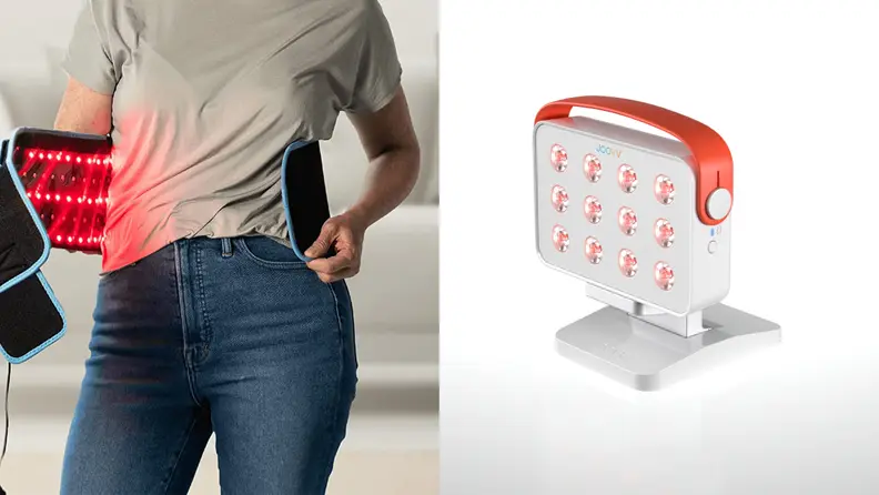 A woman using a red light device and an image of a red light device.
