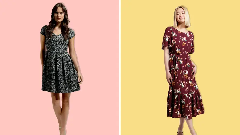A woman wearing a black and grey dress and a woman wearing a maroon dress with flowers on a pink and yellow background.