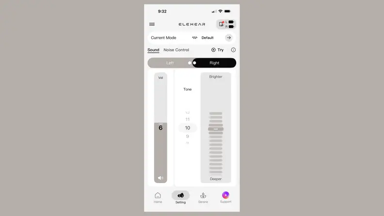 ELEHEAR app shown with level adjusting controls against a grey background.