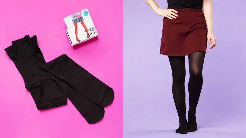 Collage of the Hue Super Opaque tights against a fuchsia background and a woman wearing them on the right.