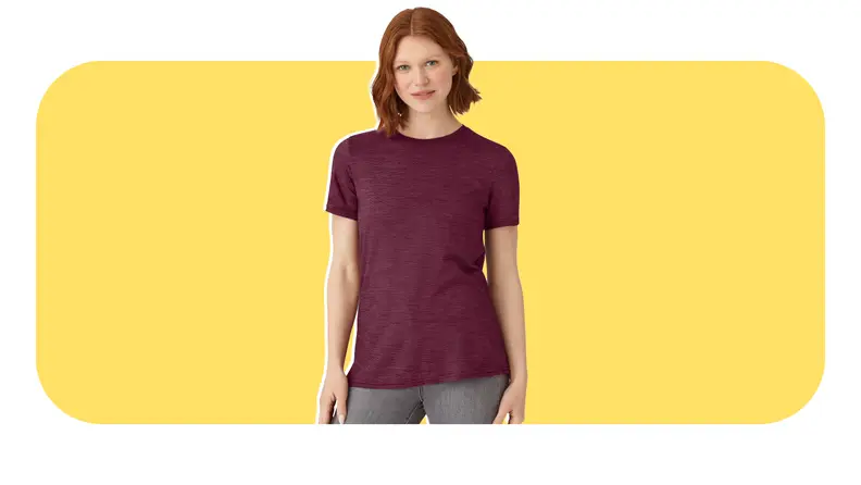 Model wearing Bombas-brand burgundy short-sleeved shirt