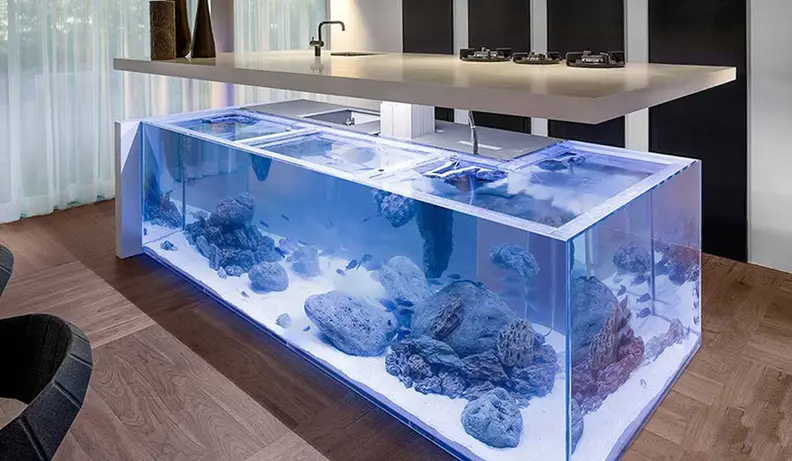 With the push of a button, the entire counter lifts up for aquarium access.