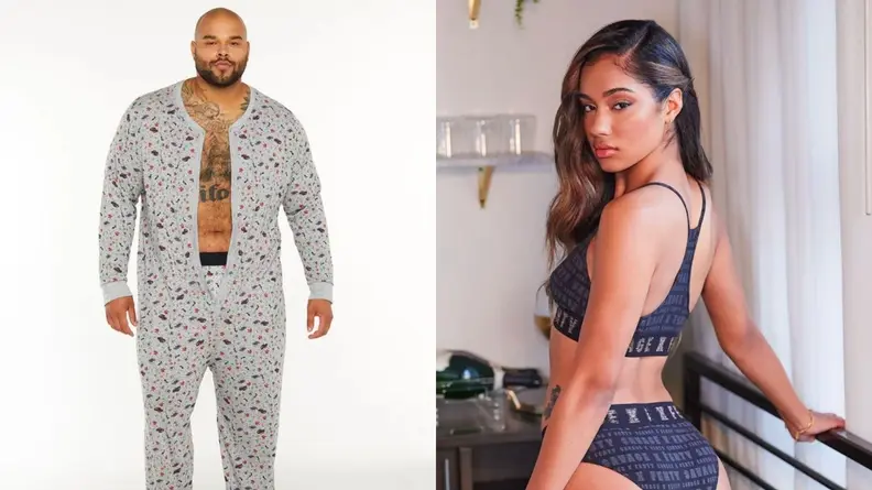 Man modeling Savage X Fenty sleepwear set, woman modeling Savage X Fenty underwear set.