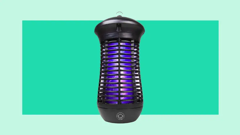 Black bug zapper with blue light.