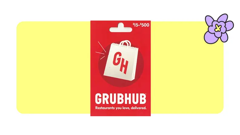 A Grubhub gift card attached to its original packaging in front of a yellow background with a purple cartoon flower.