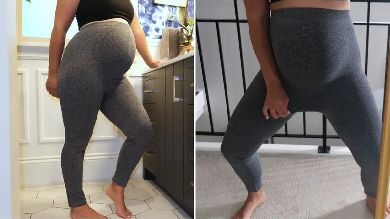 Two photographs of a pregnant woman wearing gray leggings, one showing how much extra fabric there is.