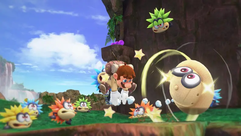 Mario tosses a safari hat toward the camera.
