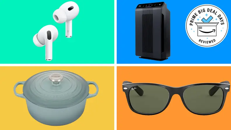 Collection of discounted items with the Prime Big Deal Days Reviewed badge in front of colored backgrounds.