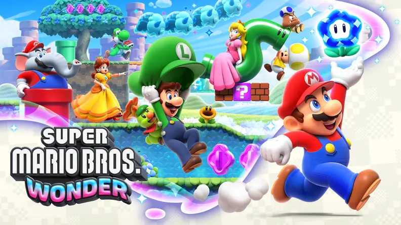 A title screen for super mario wonder with mario, luigi, and peach