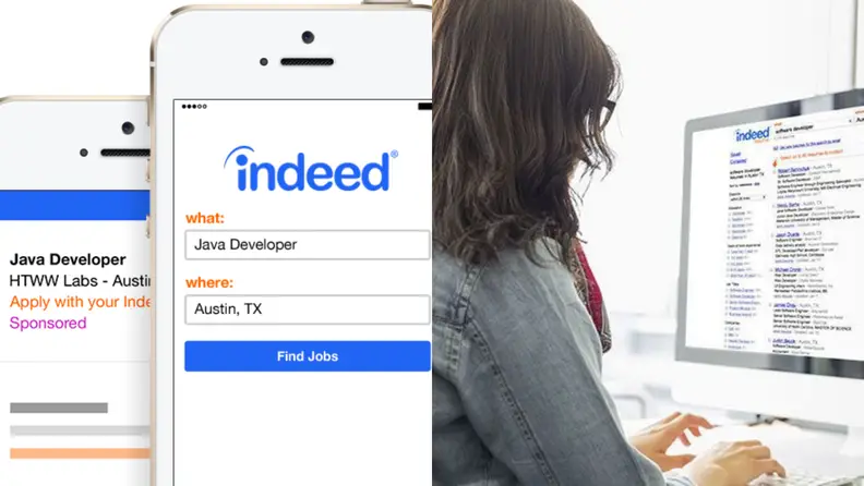 Indeed interface on a mobile phone and computer screen.