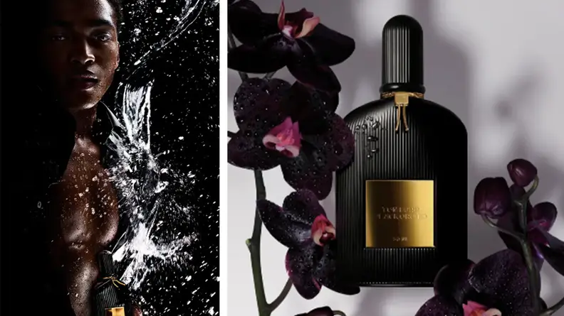 A model holds a bottle of perfume while being splashed with water