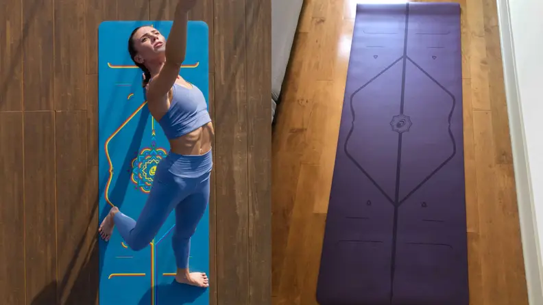 Left: Woman practicing yoga on blue liforme yoga mat. Right: Purple Liforme yoga mat wooden floor.