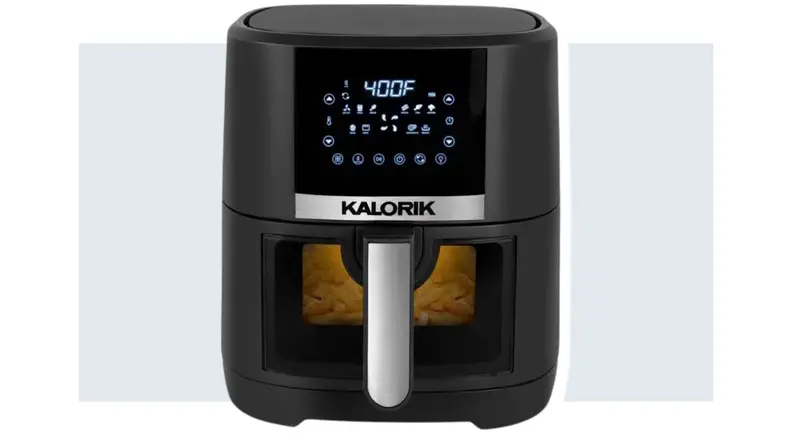 Product shot of the black and stainless steel Kalorik 5-Quart Digital Air Fryer with control panel and small screen displaying cooking temperature.