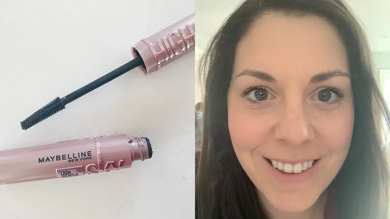 On the left: the pink-tubed Maybelline Sky High Waterproof Mascara sits on a white background. The wand is out of the tube to reveal a black mascara formula. On the right: A person smiles at the camera wearing the Maybelline Sky High Waterproof Mascara.