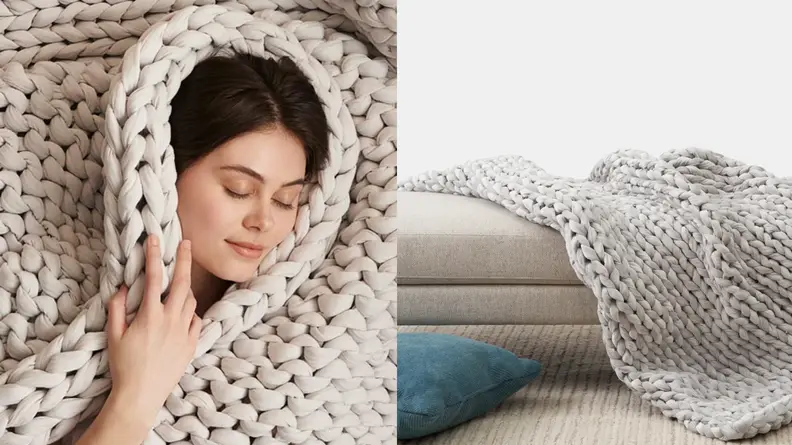 Left: Woman wrapped in Bearaby Weighted Blanket. Right: Bearaby Weighted Blanket draped on couch.