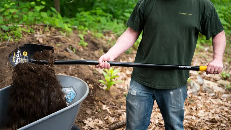 A person scooping dirt into a wheelbarrow using a shovel