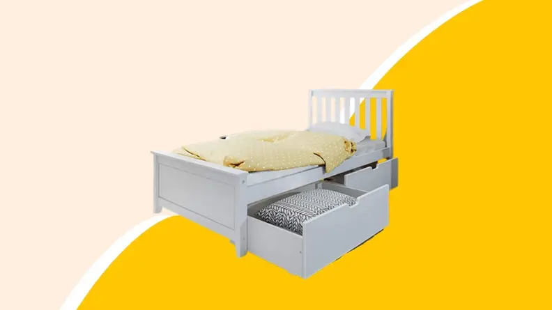 Bed frame with storage drawers underneath open.