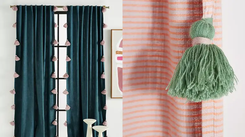 A close up of curtain tassels and a full length shot of curtains from Anthropologie.
