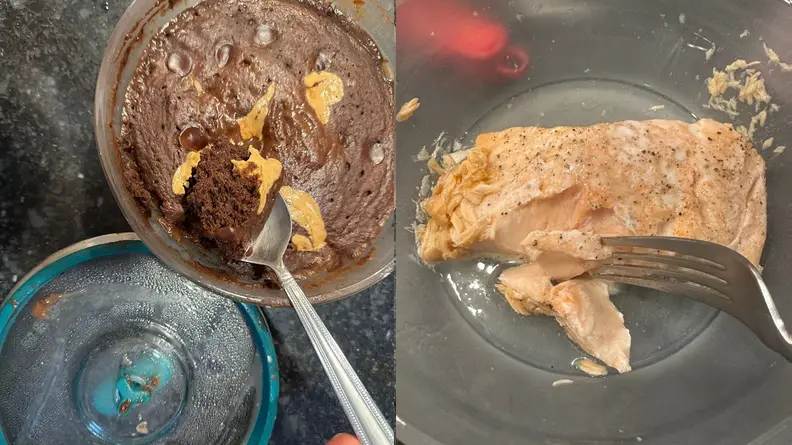 On left, spoon scooping out chocolate cake out of molten lava cake in microwaveable bowl. On right, fork on plate next to cooked salmon filet.