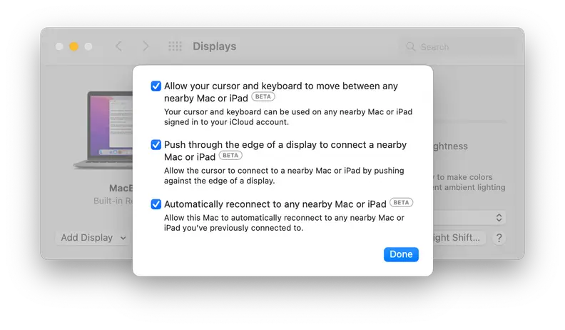 A screenshot of the Settings menu for Universal Control within macOS's System Preferences app. For the easiest experience, it's best to check all three boxes.