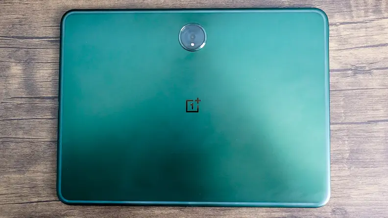 the back of the OnePlus Pad, featuring it's 13 megapixel camera and aluminum finish.