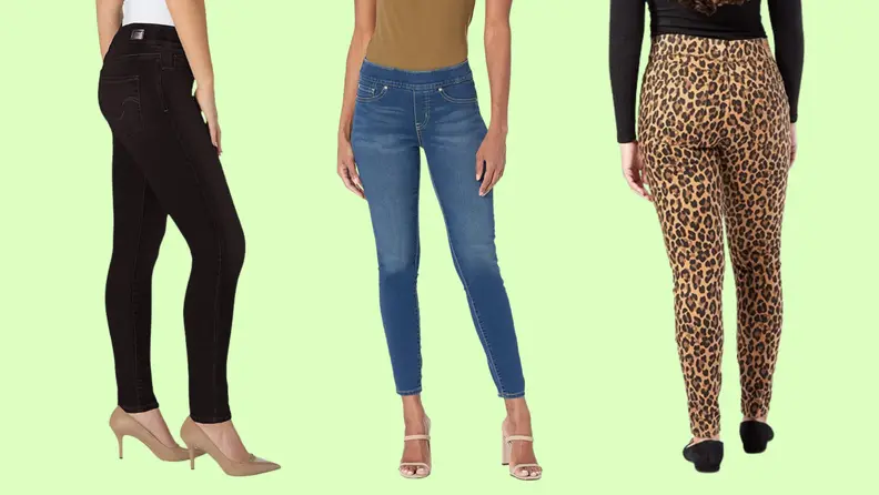 Jeans in black, blue, and leopard print.